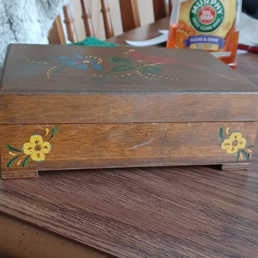 Vintage Painted Wood Bird & Flower Jewelry Box